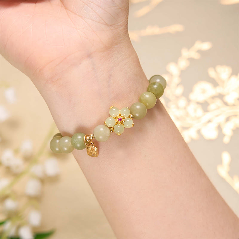 Nimara Ritual Green Jade Flower Fu Character Charm Luck Bracelet