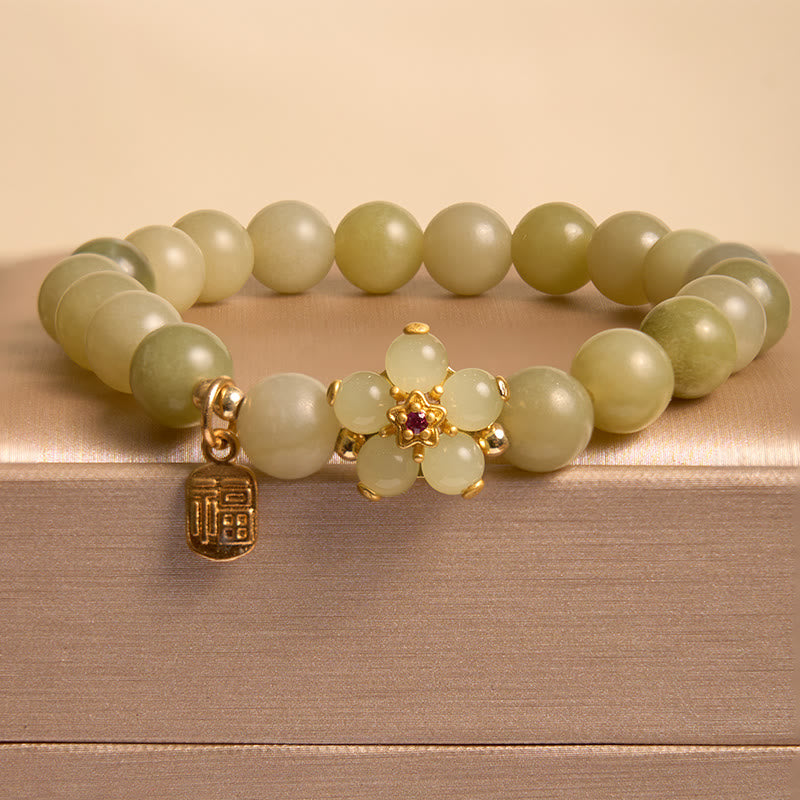 Nimara Ritual Green Jade Flower Fu Character Charm Luck Bracelet
