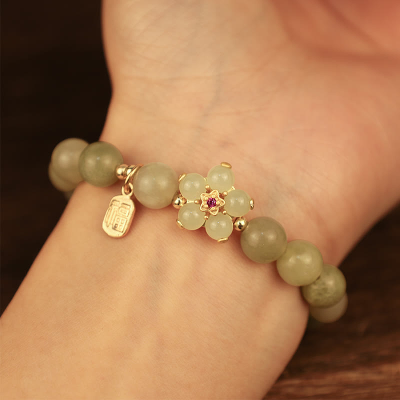 Nimara Ritual Green Jade Flower Fu Character Charm Luck Bracelet