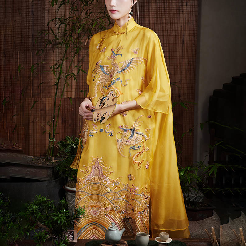 Nimara Ritual 100% Mulberry Silk Organza Dress Embroidered Yellow Phoenix Qipao Cheongsam Dress