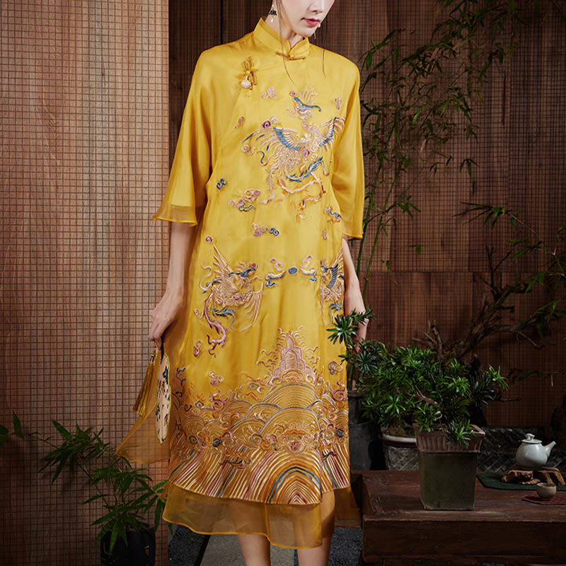 Nimara Ritual 100% Mulberry Silk Organza Dress Embroidered Yellow Phoenix Qipao Cheongsam Dress