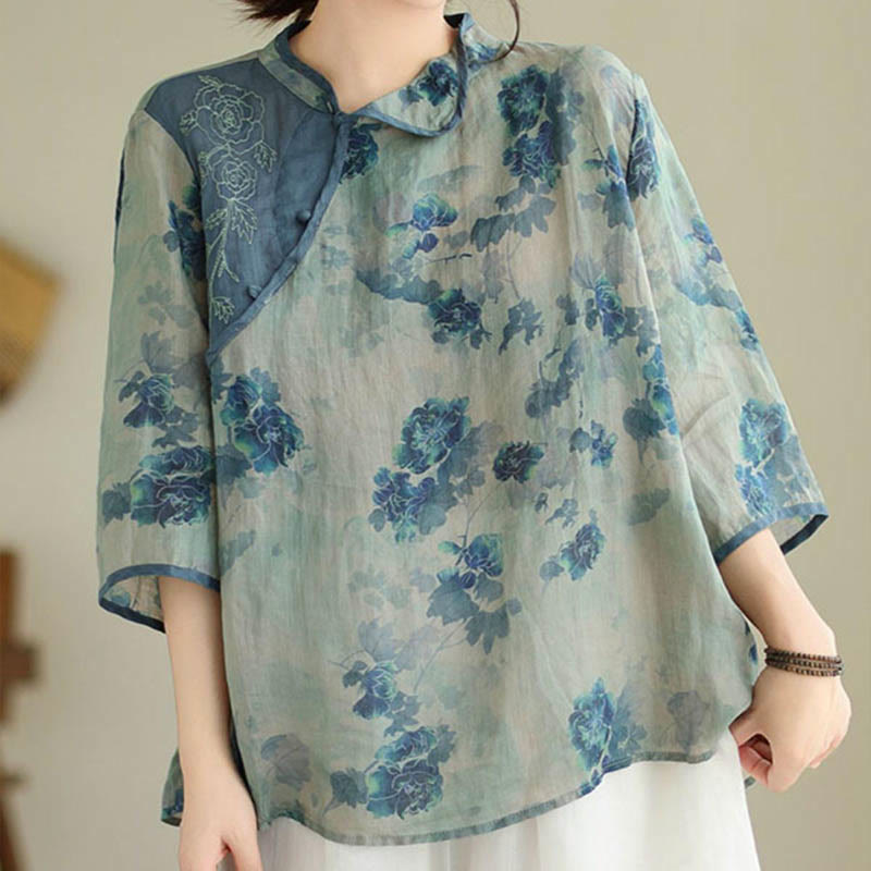 Nimara Ritual PLUS SIZE Blue Jacaranda Flower Design Three Quarter Sleeve Shirt