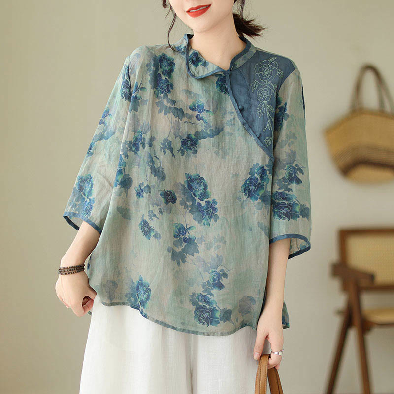 Nimara Ritual PLUS SIZE Blue Jacaranda Flower Design Three Quarter Sleeve Shirt