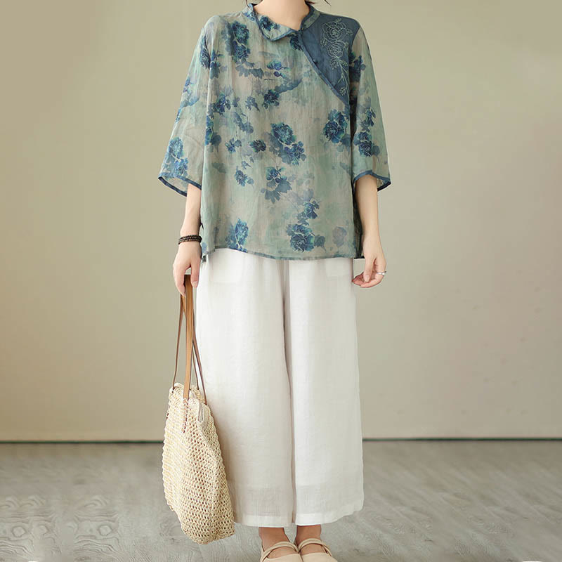 Nimara Ritual PLUS SIZE Blue Jacaranda Flower Design Three Quarter Sleeve Shirt