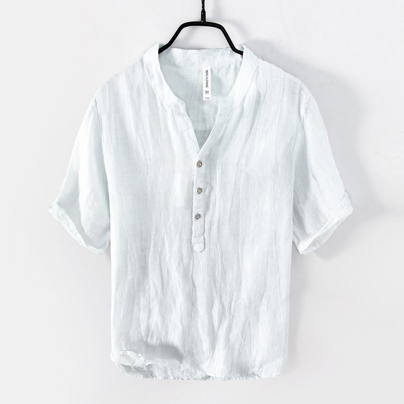 Nimara Ritual Solid Color Short Sleeve Half Button Shirt Cotton Linen Men Clothing
