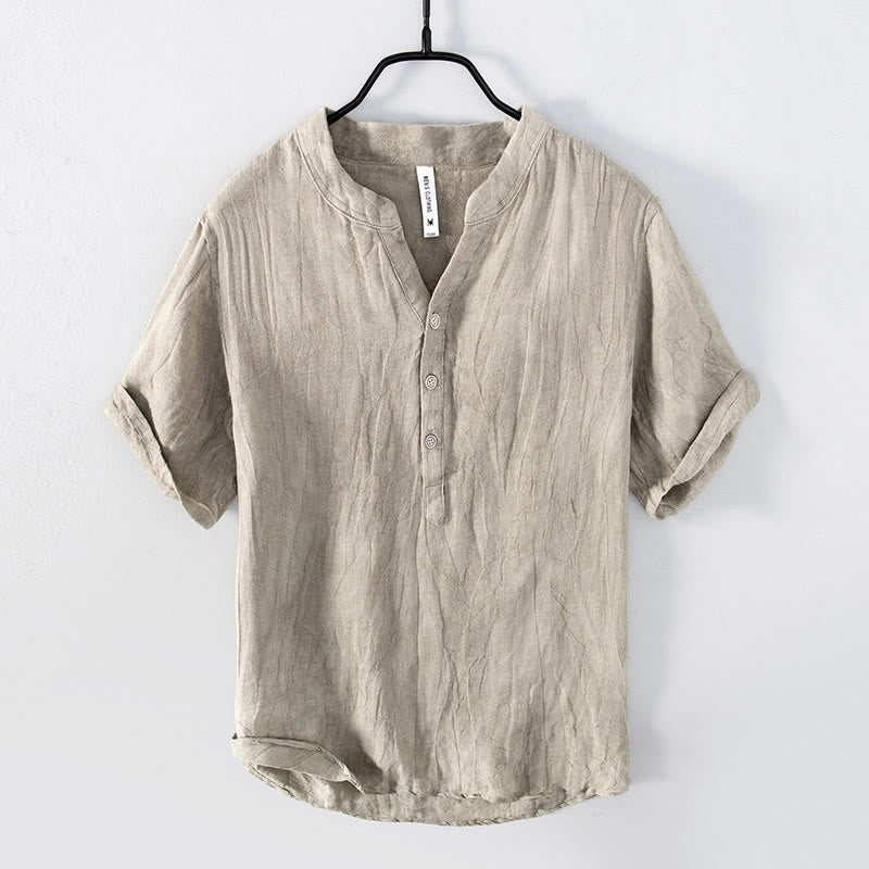 Nimara Ritual Solid Color Short Sleeve Half Button Shirt Cotton Linen Men Clothing