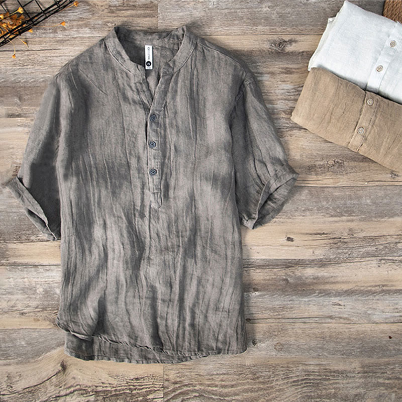 Nimara Ritual Solid Color Short Sleeve Half Button Shirt Cotton Linen Men Clothing