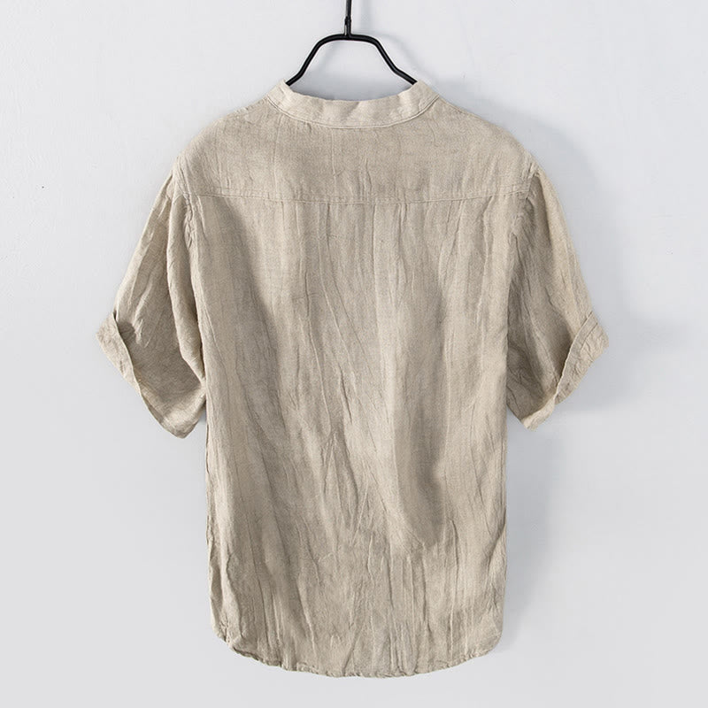 Nimara Ritual Solid Color Short Sleeve Half Button Shirt Cotton Linen Men Clothing