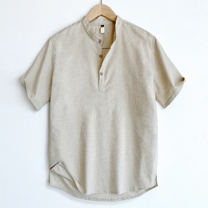 Nimara Ritual Solid Color Men Short Sleeve Button Linen Shirt