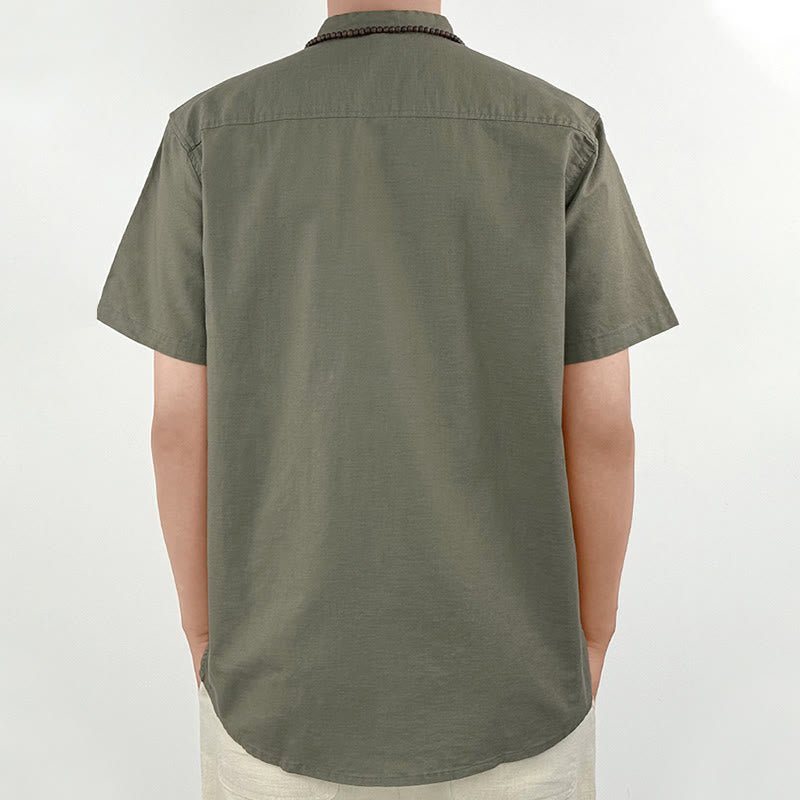 Nimara Ritual Solid Color Men Short Sleeve Button Linen Shirt