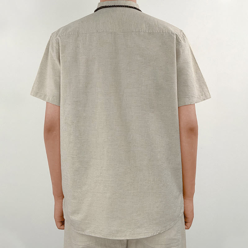 Nimara Ritual Solid Color Men Short Sleeve Button Linen Shirt