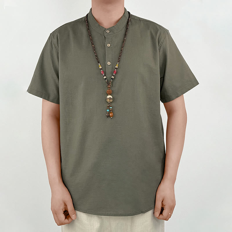 Nimara Ritual Solid Color Men Short Sleeve Button Linen Shirt