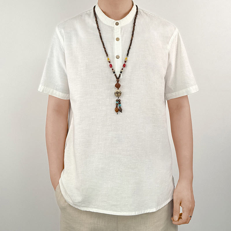 Nimara Ritual Solid Color Men Short Sleeve Button Linen Shirt