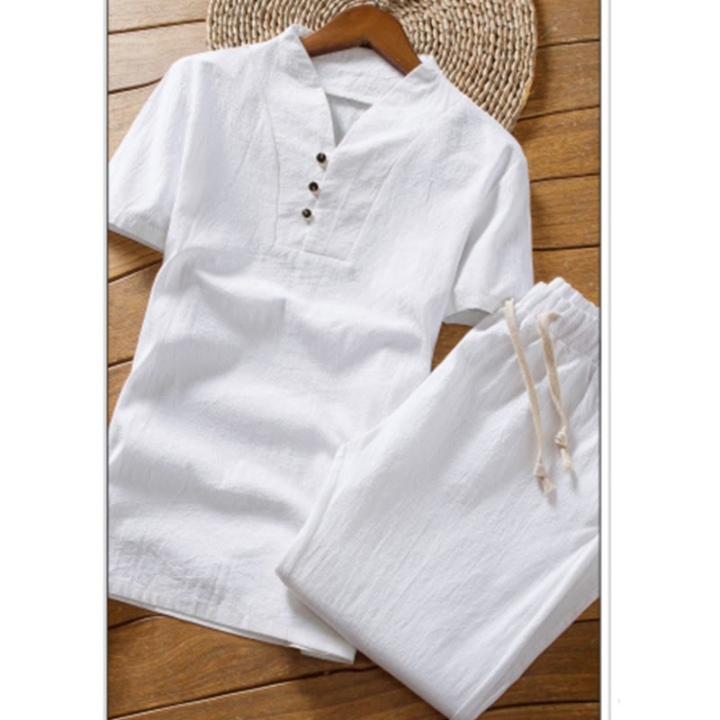 Nimara Ritual 2Pcs Solid Color Cotton Button Short Sleeve T-shirt Pants Men's Set