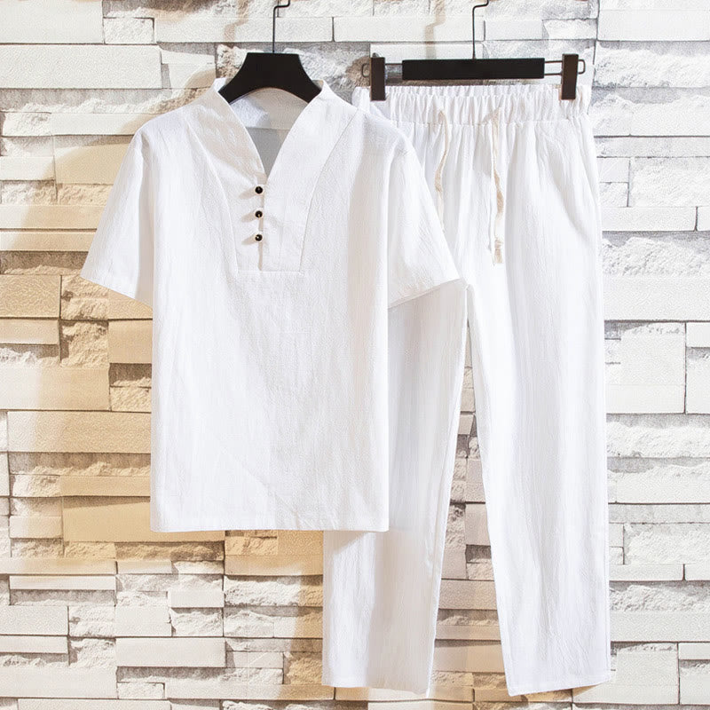 Nimara Ritual 2Pcs Solid Color Cotton Button Short Sleeve T-shirt Pants Men's Set