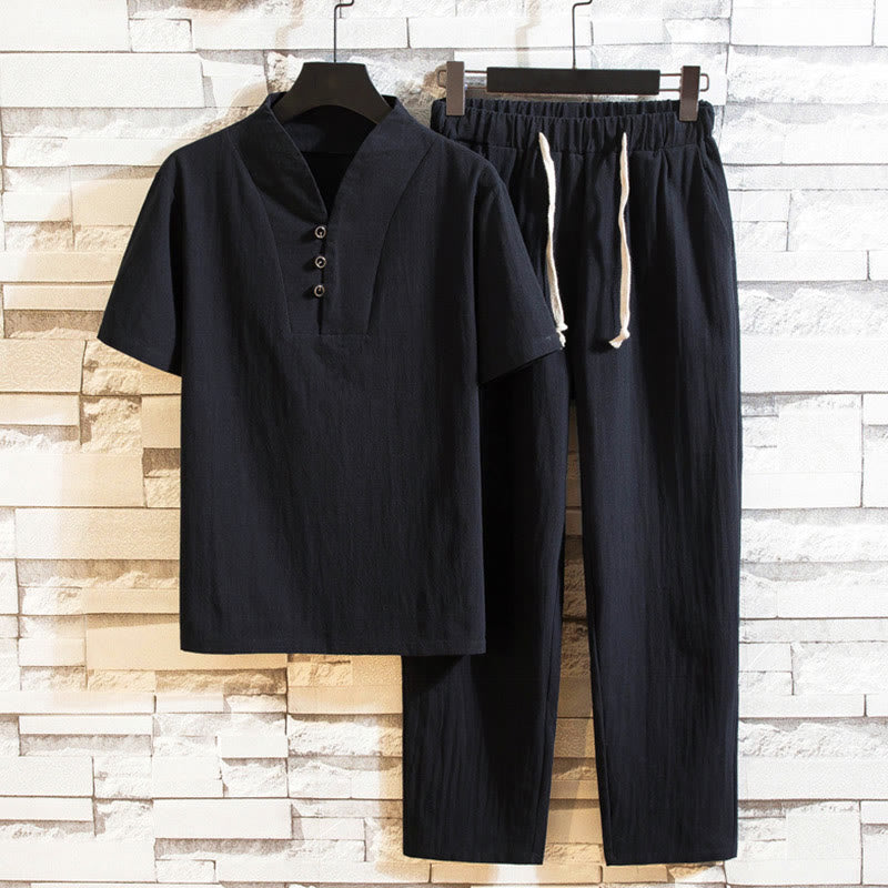 Nimara Ritual 2Pcs Solid Color Cotton Button Short Sleeve T-shirt Pants Men's Set
