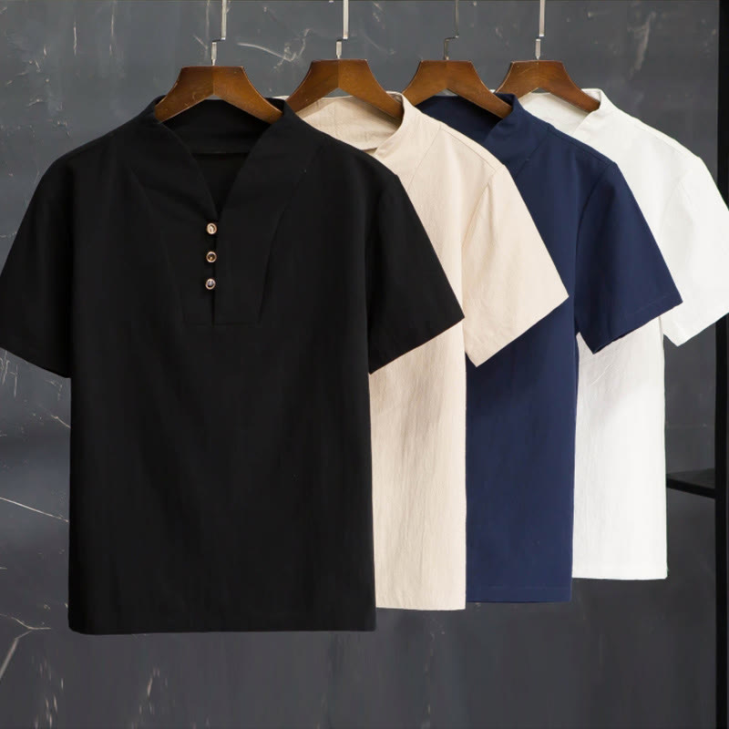 Nimara Ritual 2Pcs Solid Color Cotton Button Short Sleeve T-shirt Pants Men's Set