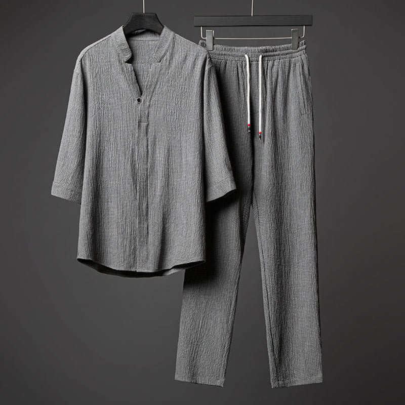 Nimara Ritual 2Pcs Solid Color Texture Button Half Sleeve Shirt Pants Men's Set