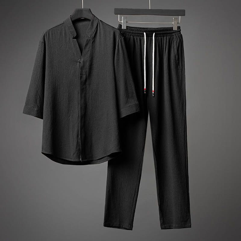 Nimara Ritual 2Pcs Solid Color Texture Button Half Sleeve Shirt Pants Men's Set