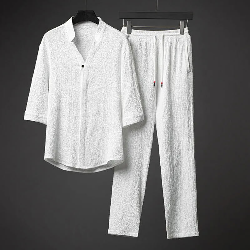Nimara Ritual 2Pcs Solid Color Texture Button Half Sleeve Shirt Pants Men's Set