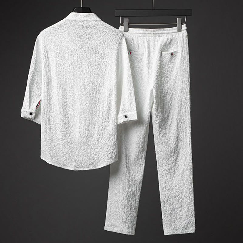 Nimara Ritual 2Pcs Solid Color Texture Button Half Sleeve Shirt Pants Men's Set