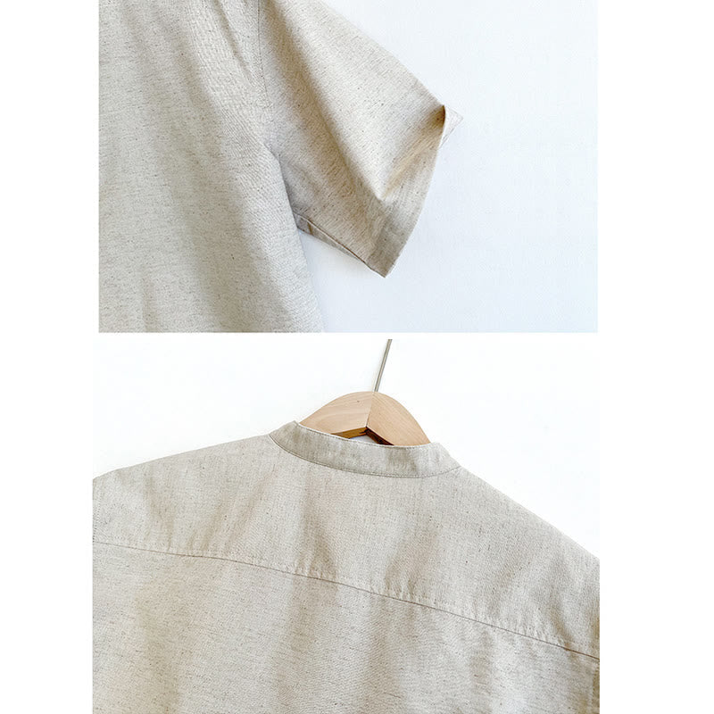 Nimara Ritual Solid Color Men Short Sleeve Button Linen Shirt