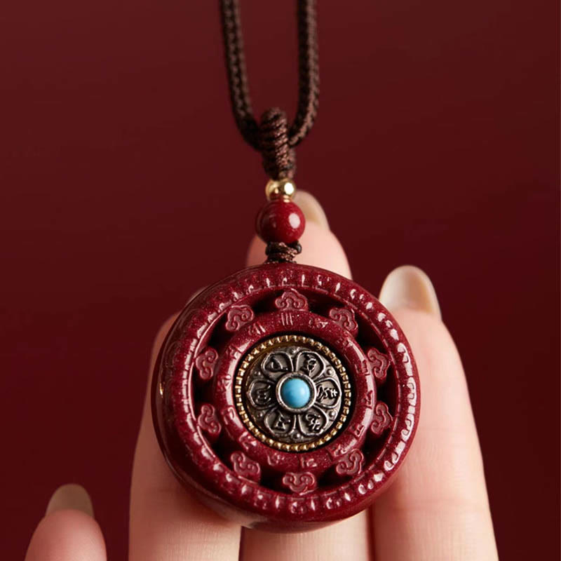 Nimara Ritual Cinnabar Om Mani Padme Hum Blessing Rotatable Necklace Pendant Key Chain