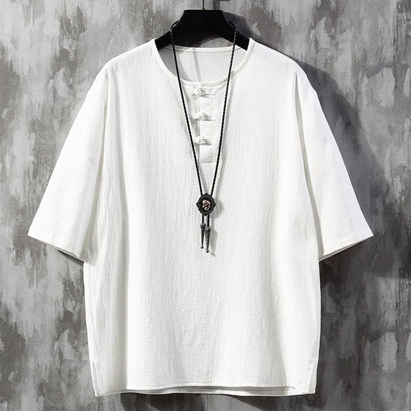 Nimara Ritual Frog-Button Plain Color Chinese Tang Suit Half Sleeve Shirt Linen Men Clothing