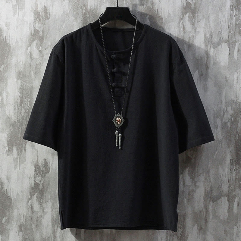 Nimara Ritual Frog-Button Plain Color Chinese Tang Suit Half Sleeve Shirt Linen Men Clothing