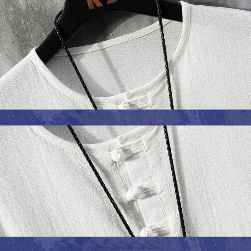 Nimara Ritual Frog-Button Plain Color Chinese Tang Suit Half Sleeve Shirt Linen Men Clothing