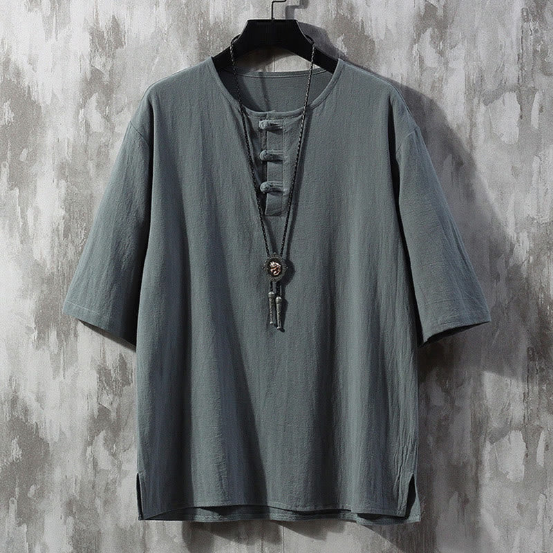 Nimara Ritual Frog-Button Plain Color Chinese Tang Suit Half Sleeve Shirt Linen Men Clothing