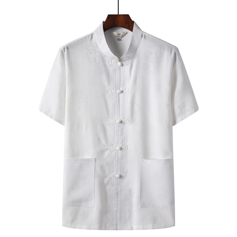 Nimara Ritual Frog-Button Fu Character Dragon Bamboo Leaf Chinese Tang Suit Short Sleeve Shirt Linen With Pockets