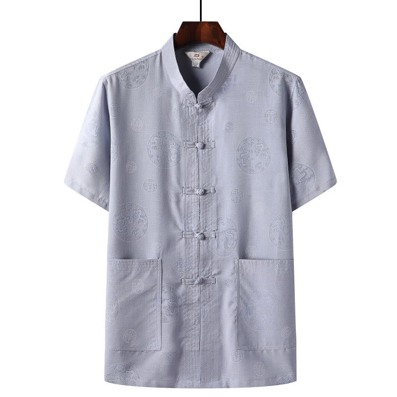 Nimara Ritual Frog-Button Fu Character Dragon Bamboo Leaf Chinese Tang Suit Short Sleeve Shirt Linen With Pockets