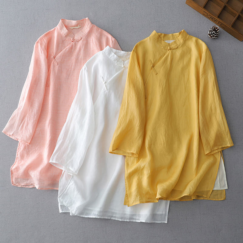 Nimara Ritual Solid Color Frog-Button Three Quarter Sleeve Double Layer Shirt