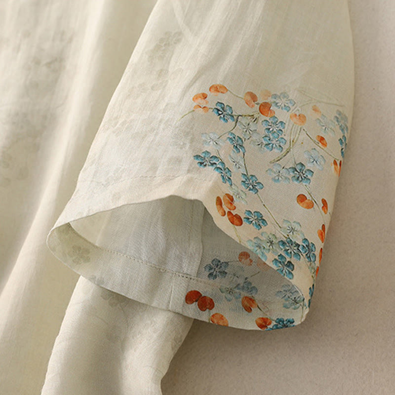 Nimara Ritual Blue Flowers Orange Leaves Frog-Button Three Quarter Sleeve Shirt