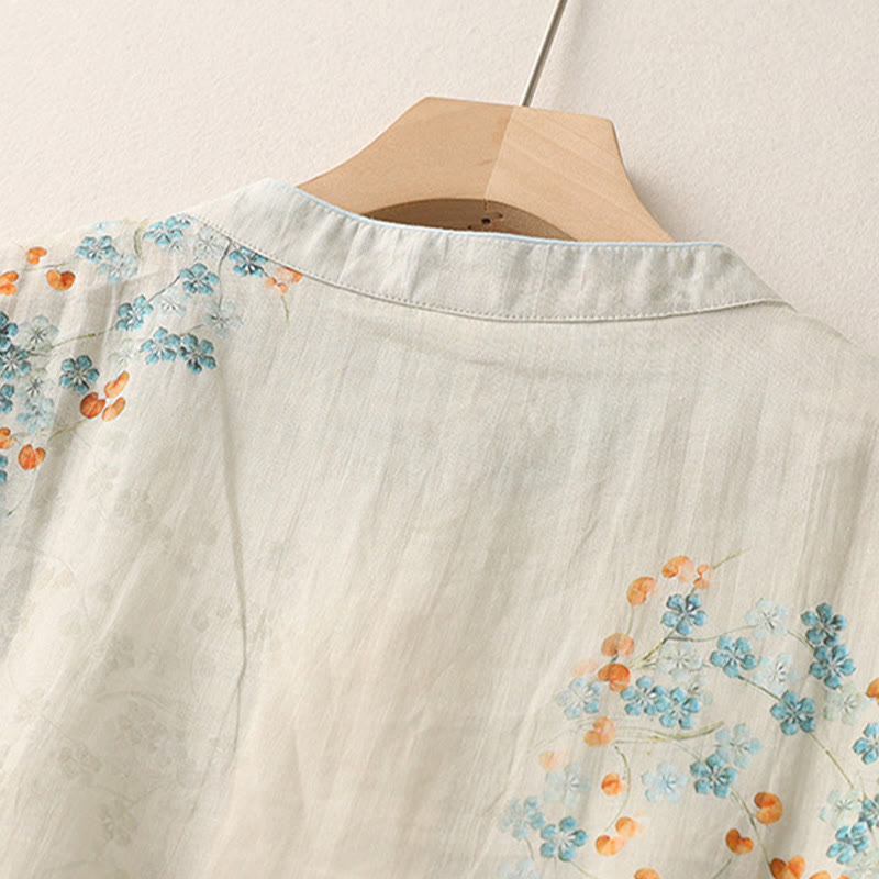 Nimara Ritual Blue Flowers Orange Leaves Frog-Button Three Quarter Sleeve Shirt