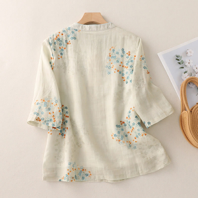 Nimara Ritual Blue Flowers Orange Leaves Frog-Button Three Quarter Sleeve Shirt