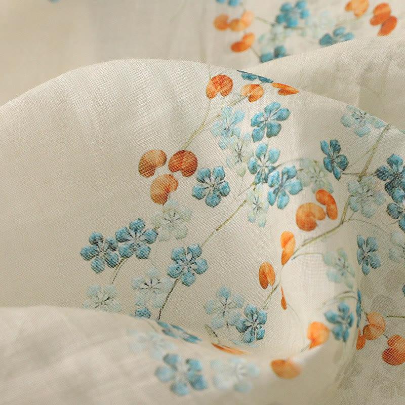 Nimara Ritual Blue Flowers Orange Leaves Frog-Button Three Quarter Sleeve Shirt
