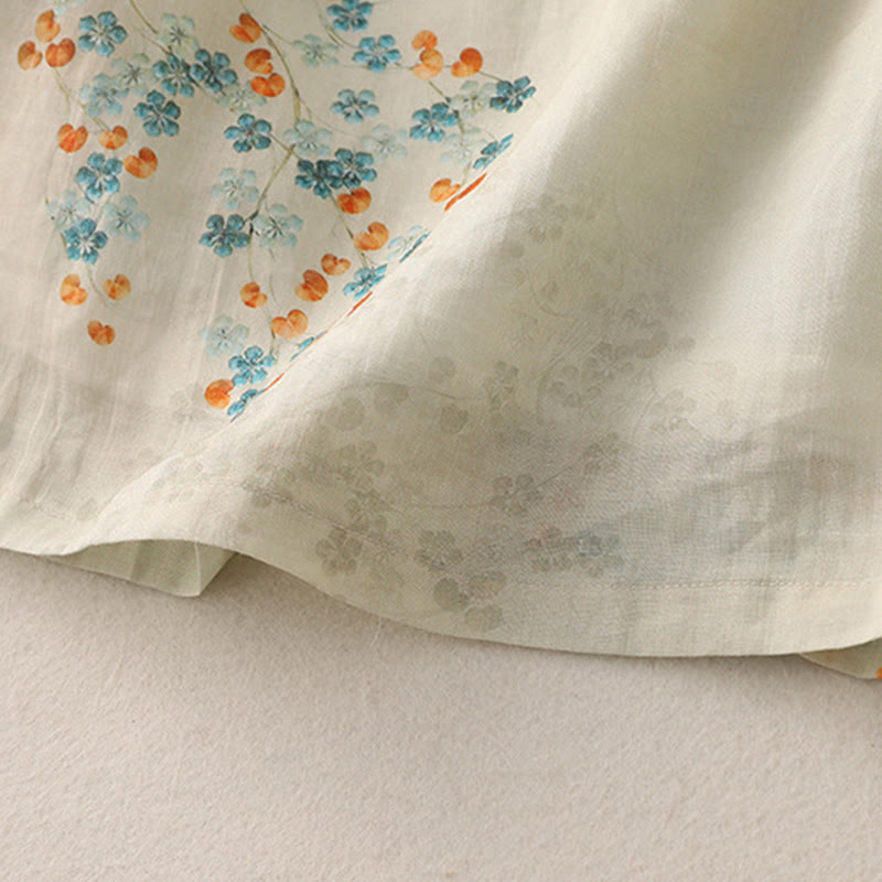 Nimara Ritual Blue Flowers Orange Leaves Frog-Button Three Quarter Sleeve Shirt