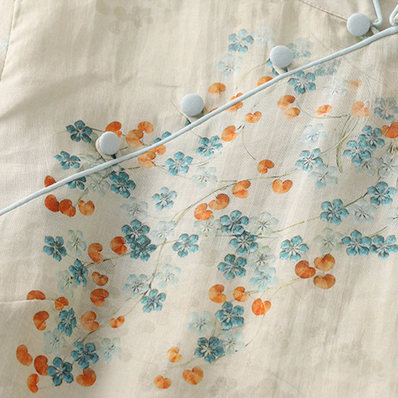 Nimara Ritual Blue Flowers Orange Leaves Frog-Button Three Quarter Sleeve Shirt