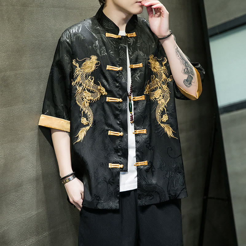 Nimara Ritual Frog-Button Chinese Dragon Embroidery Half Sleeve Shirt Linen Men Clothing