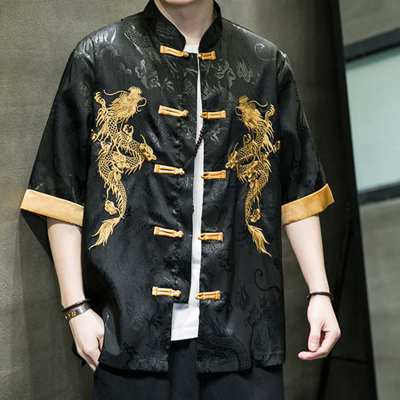 Nimara Ritual Frog-Button Chinese Dragon Embroidery Half Sleeve Shirt Linen Men Clothing