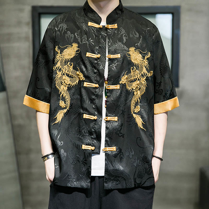 Nimara Ritual Frog-Button Chinese Dragon Embroidery Half Sleeve Shirt Linen Men Clothing