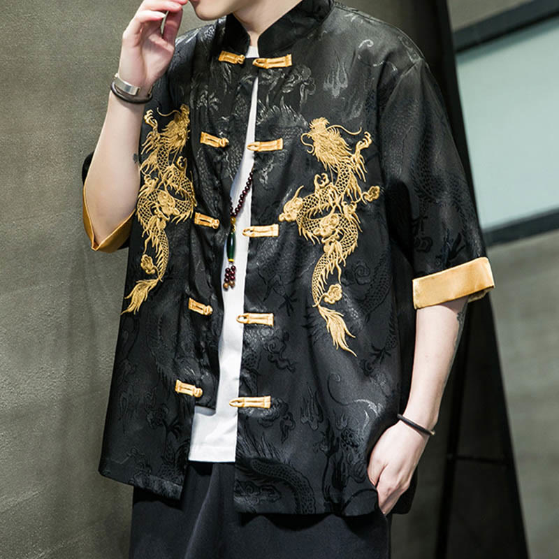 Nimara Ritual Frog-Button Chinese Dragon Embroidery Half Sleeve Shirt Linen Men Clothing