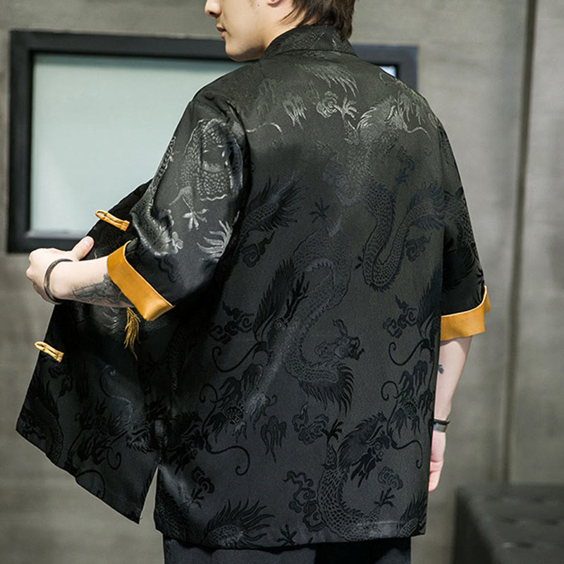 Nimara Ritual Frog-Button Chinese Dragon Embroidery Half Sleeve Shirt Linen Men Clothing