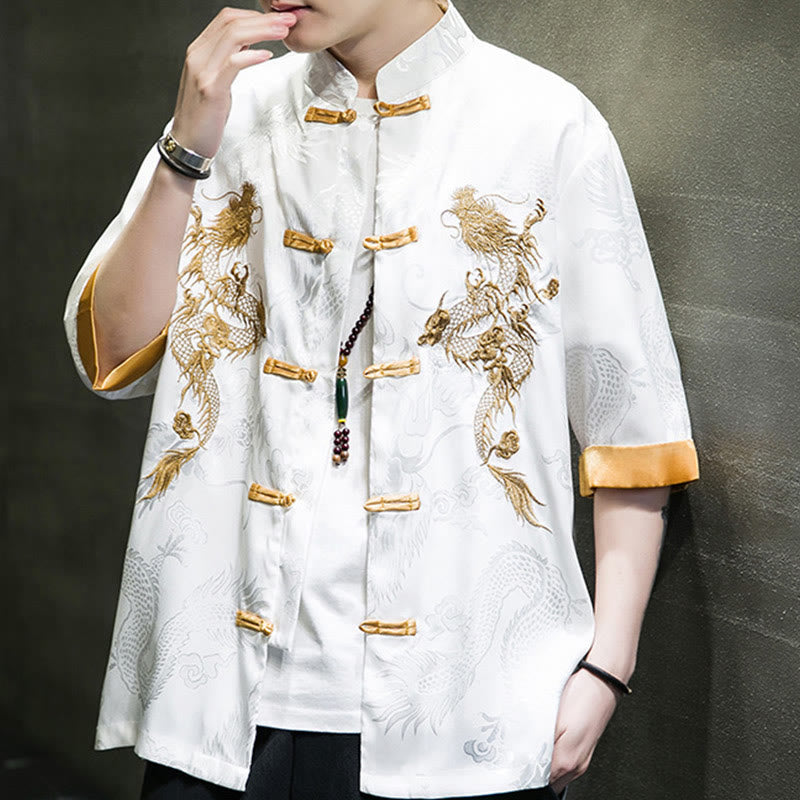 Nimara Ritual Frog-Button Chinese Dragon Embroidery Half Sleeve Shirt Linen Men Clothing