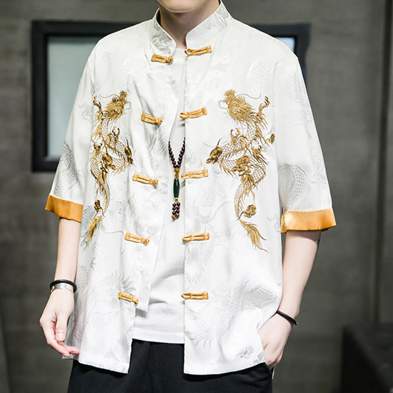 Nimara Ritual Frog-Button Chinese Dragon Embroidery Half Sleeve Shirt Linen Men Clothing