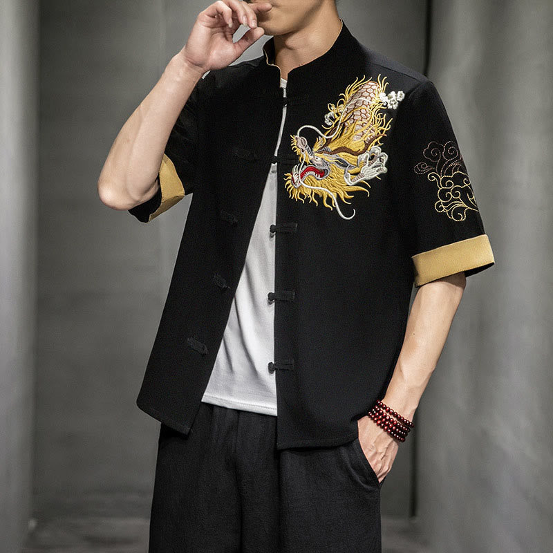 Nimara Ritual Frog-Button Chinese Dragon Auspicious Cloud Embroidery Half Sleeve Shirt Cotton Linen Men Clothing