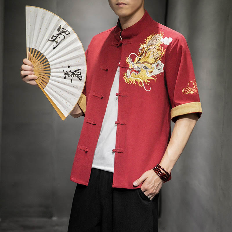 Nimara Ritual Frog-Button Chinese Dragon Auspicious Cloud Embroidery Half Sleeve Shirt Cotton Linen Men Clothing