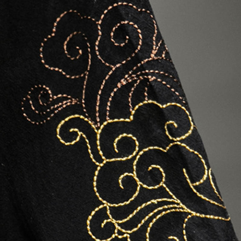Nimara Ritual Frog-Button Chinese Dragon Auspicious Cloud Embroidery Half Sleeve Shirt Cotton Linen Men Clothing